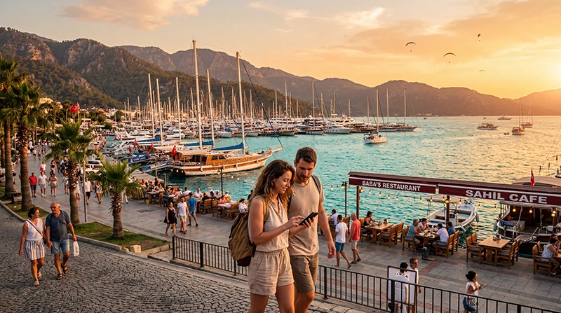 Tourists using mobile internet while exploring Fethiye in Turkey.