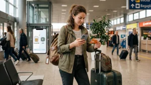Traveler using mobile internet at Florence Airport after arriving in Italy