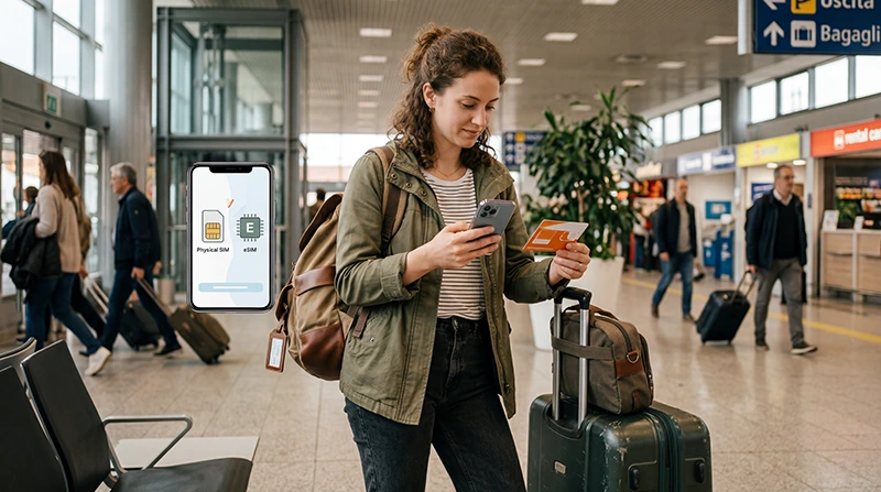 Traveler using mobile internet at Florence Airport after arriving in Italy