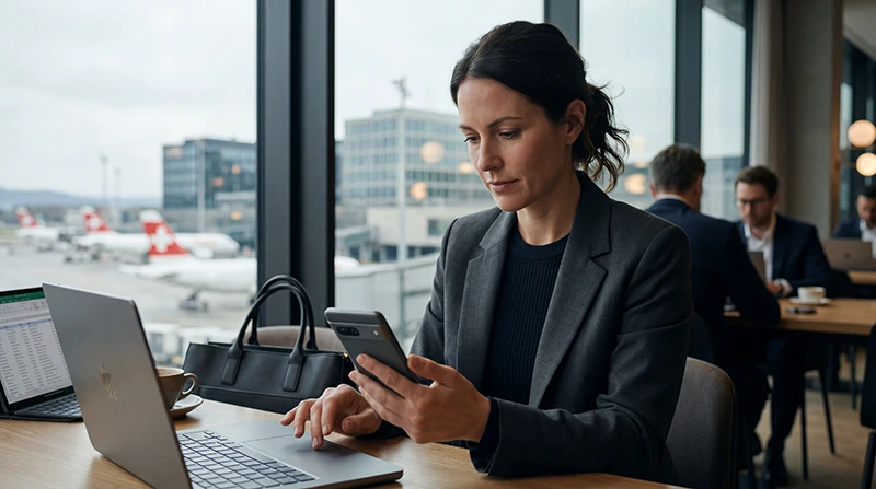 Business traveler using eSIM mobile internet during a work trip in Zurich.