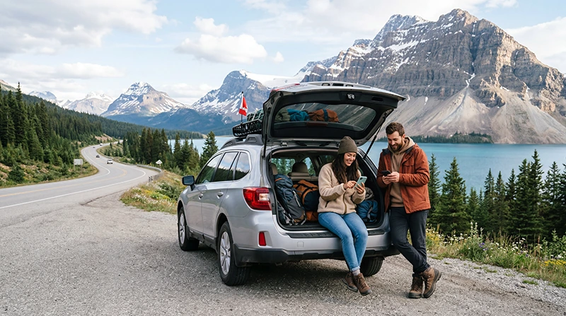 Travelers using mobile internet during a Canada roadtrip with mountains lakes and scenic highway