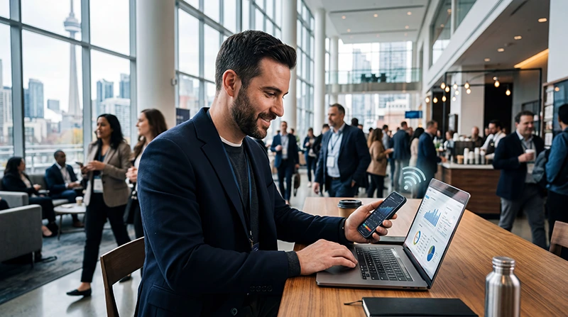Business traveler using mobile internet during a conference in Canada