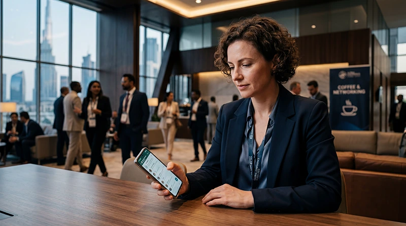 Conference attendee using mobile internet in Dubai with smartphone inside a modern business event venue.