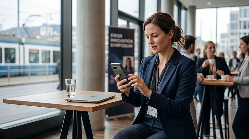Business conference attendee using eSIM mobile internet in Switzerland.