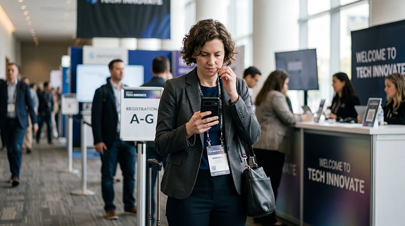 Conference attendee using mobile internet, hotspot, and a USA eSIM during a business event in the United States.