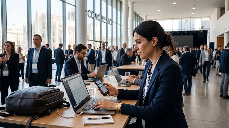 Business traveler using mobile internet during a conference in Italy