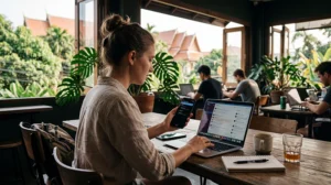 Digital nomad using mobile internet and a Thailand eSIM while working from a coworking space in Thailand.