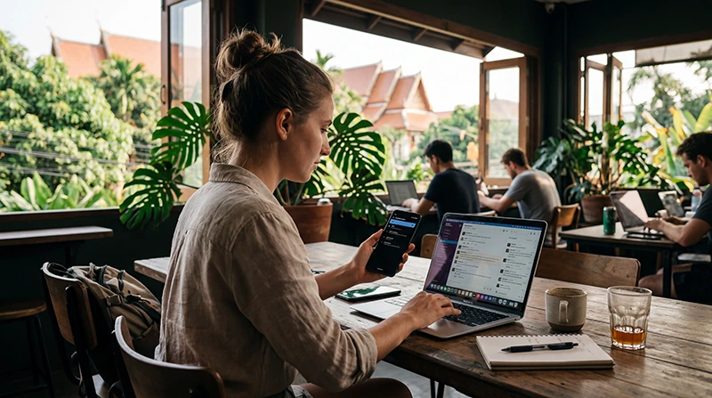 Digital nomad using mobile internet and a Thailand eSIM while working from a coworking space in Thailand.