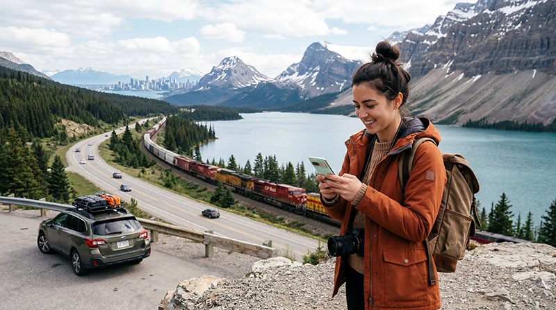 Traveler using mobile internet during cross Canada travel with smartphone mountains cities and scenic highway