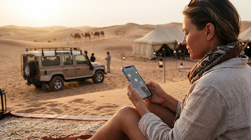 Traveler using mobile internet during a Dubai desert safari with smartphone and desert dunes in the background.
