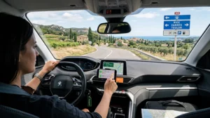 Traveler using mobile internet and France eSIM while driving in France