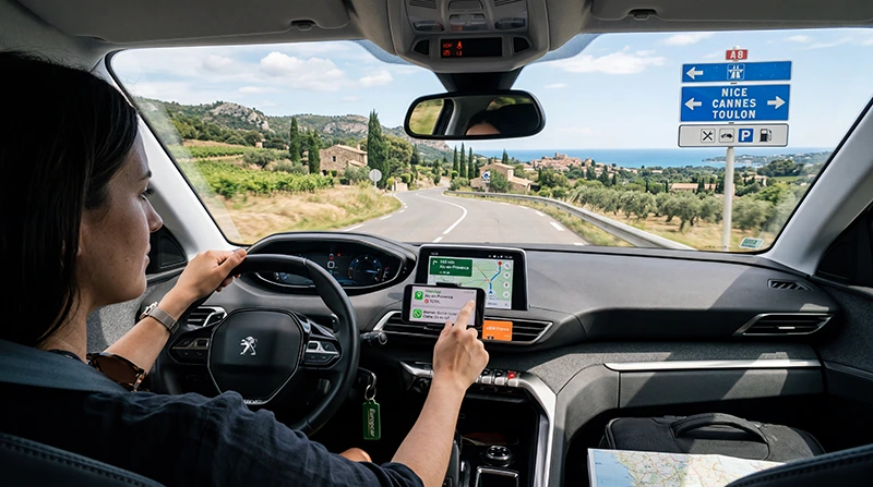 Traveler using mobile internet and France eSIM while driving in France