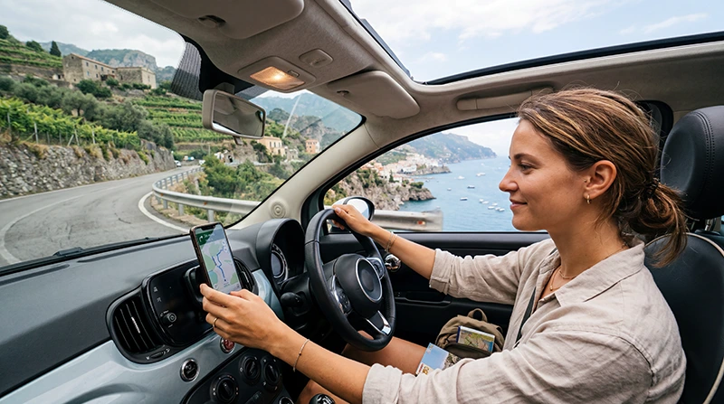 Traveler using mobile internet for navigation while driving in Italy