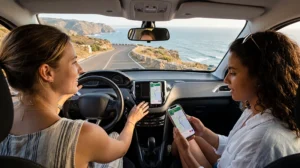 Tourists using mobile internet and Portugal eSIM for driving navigation in Portugal