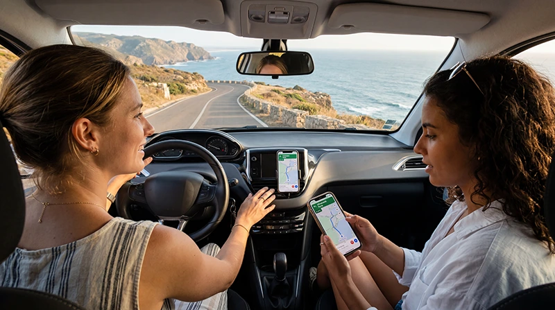 Tourists using mobile internet and Portugal eSIM for driving navigation in Portugal