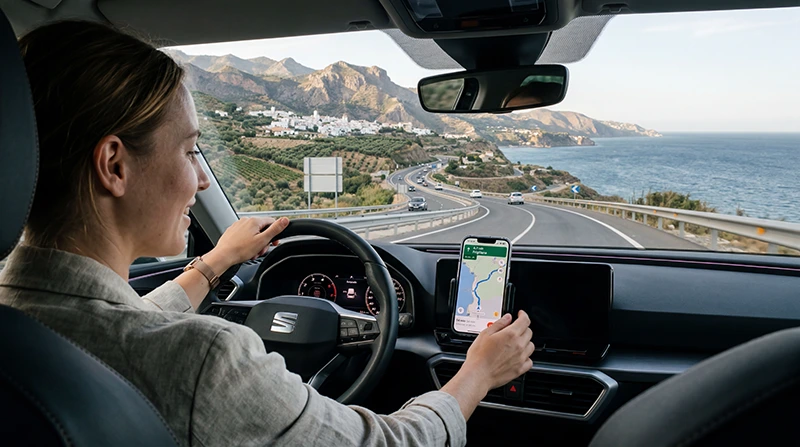 Traveler using mobile internet and eSIM while driving in Spain