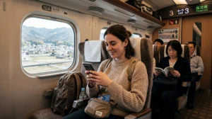 Traveler using mobile internet and navigation apps while traveling on a train in Japan.