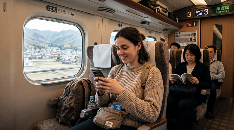 Traveler using mobile internet and navigation apps while traveling on a train in Japan.