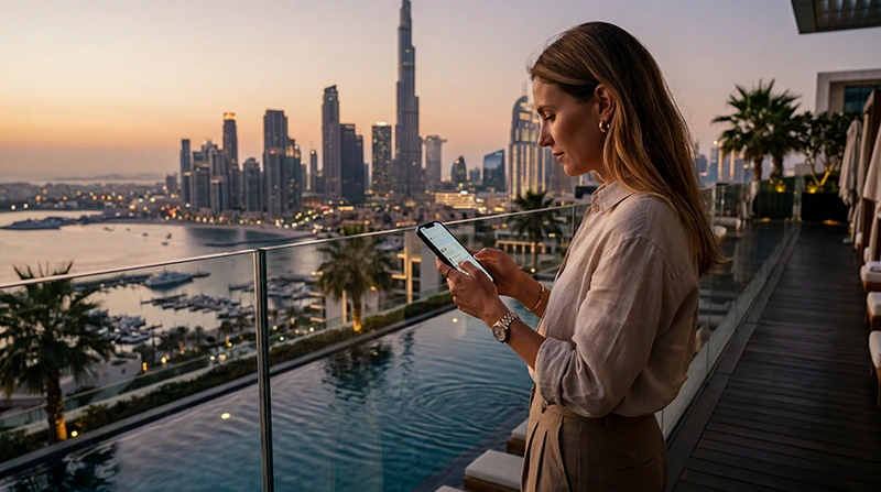 Luxury traveler using mobile internet in Dubai with smartphone near a rooftop pool and skyline view.