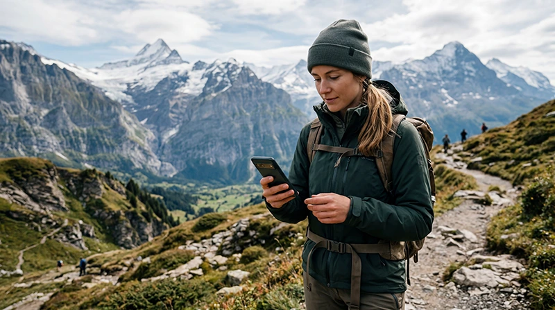 Traveler using eSIM mobile internet during mountain travel in Switzerland.