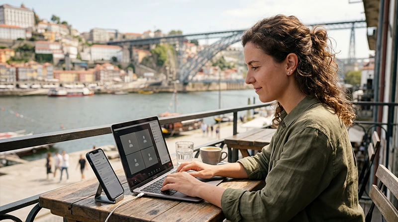 Remote worker using Portugal eSIM and mobile internet while working from a laptop in Portugal