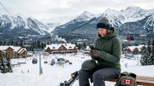 Skier using mobile internet at a Canadian ski resort with smartphone and snowy mountains