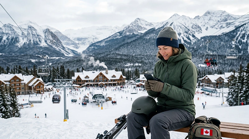 Skier using mobile internet at a Canadian ski resort with smartphone and snowy mountains
