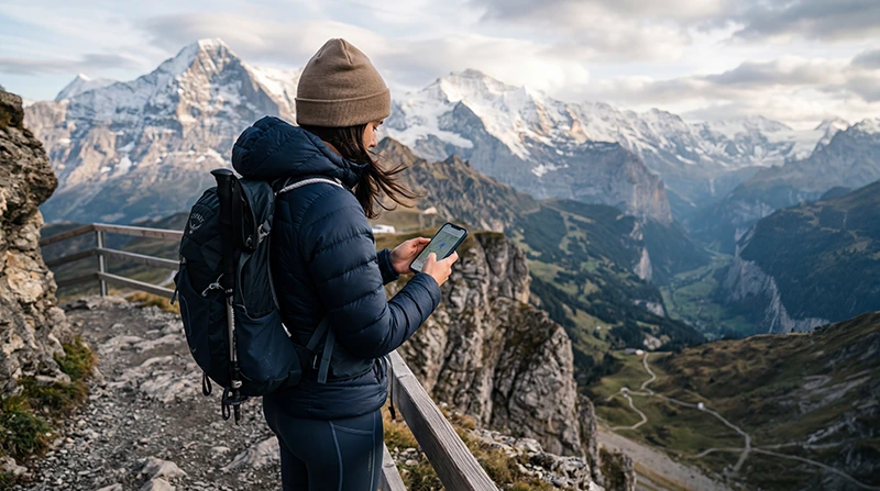 Traveler using mobile internet and eSIM connectivity while traveling in the Swiss Alps.