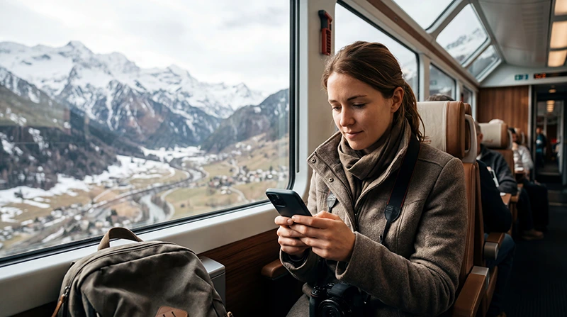 Traveler using mobile internet and eSIM connectivity during train travel in Switzerland.
