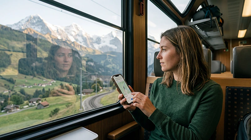 Traveler using mobile internet and eSIM connectivity while traveling across Switzerland.