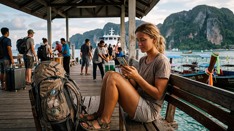Backpacker using mobile internet in Thailand with a Thailand eSIM for maps, hostel bookings, ferries, and travel apps.