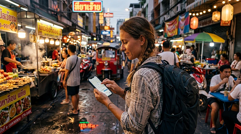 Traveler using mobile internet and maps at a Thailand night market with a Thailand eSIM on a smartphone.