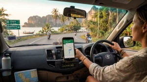 Traveler using mobile internet during a Thailand road trip with a Thailand eSIM for navigation, maps, travel apps, and transportation.