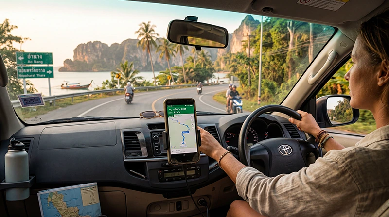 Traveler using mobile internet during a Thailand road trip with a Thailand eSIM for navigation, maps, travel apps, and transportation.