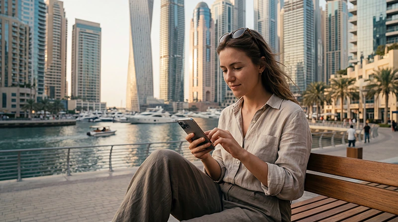Tourist using mobile internet in the UAE with smartphone and Dubai skyline in the background.
