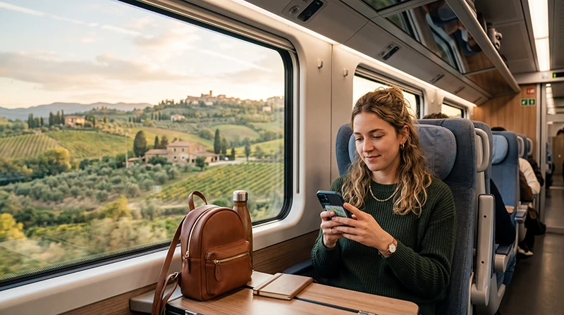 Traveler using mobile internet during train travel across Italy