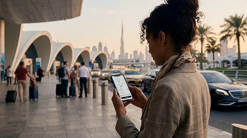 Traveler using Uber and Careem apps in Dubai with smartphone near Dubai Marina and city skyline.