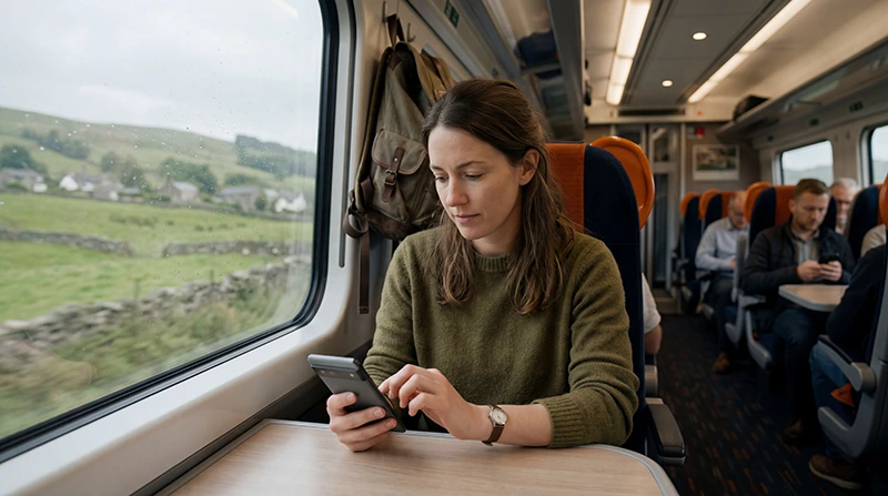 Traveler using mobile internet on a train journey across the United Kingdom.