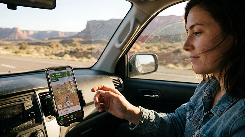 Traveler using mobile internet and navigation with a USA eSIM during a road trip across American highways and national parks.