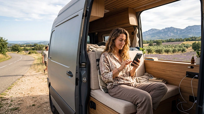 Traveler using mobile internet and France eSIM during a campervan trip in France