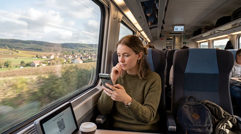 Traveler using mobile internet and France eSIM while traveling by train in France