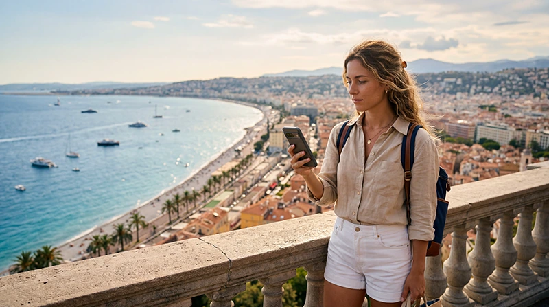 Tourist using mobile internet and France eSIM while traveling on the French Riviera