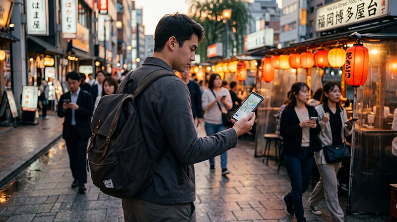 Tourists using mobile internet and navigation apps while exploring Fukuoka, Japan.