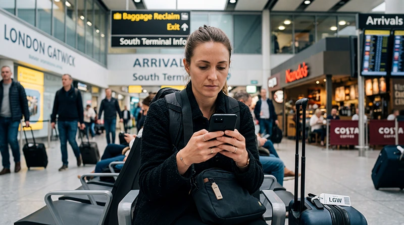 Traveler using mobile internet at Gatwick Airport on a smartphone after arriving in London.