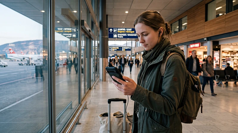 Traveler using mobile internet and eSIM connectivity at Geneva Airport in Switzerland.
