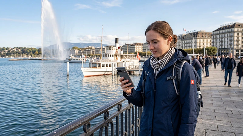 Tourist using mobile internet and eSIM connectivity while exploring Geneva in Switzerland.
