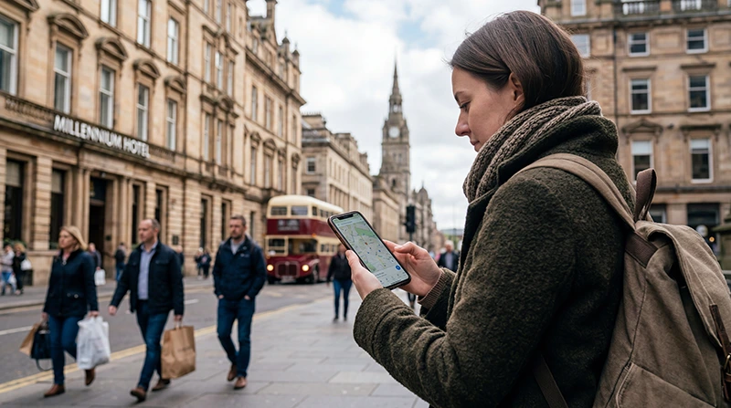 Tourist using mobile internet in Glasgow on a smartphone while exploring the city.