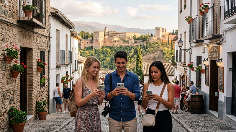 Tourists using mobile internet and eSIM in Granada