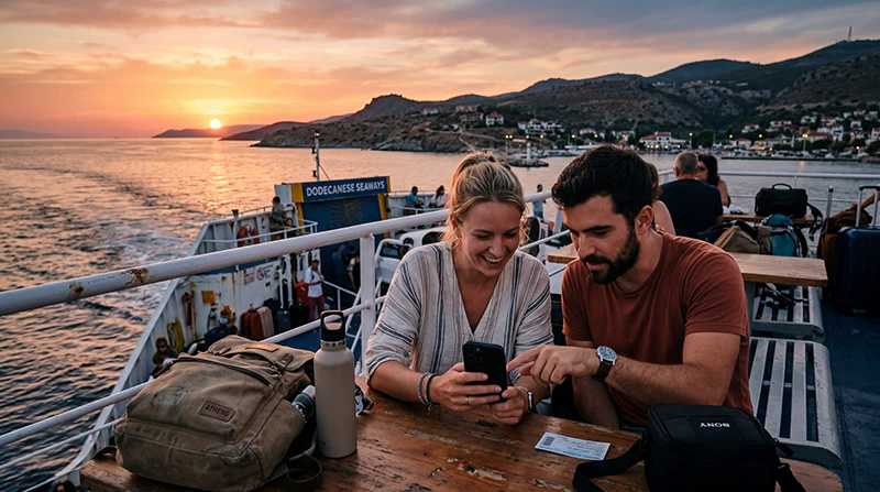 Travelers using mobile internet while traveling from Greece to Turkey.