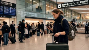 Traveler using internet and navigation apps after arriving at Haneda Airport in Tokyo, Japan.